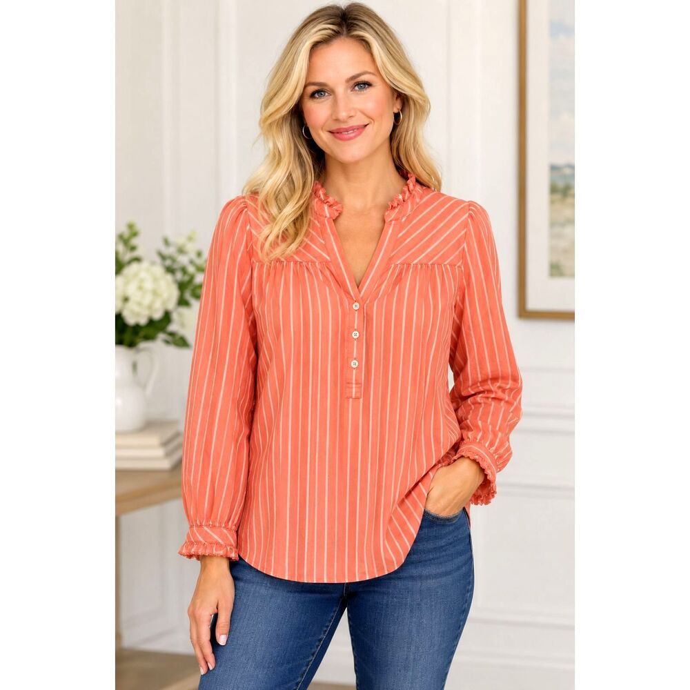 Talbots Women L Coral Peach Striped 100% Cotton Ruffle Neck L Sleeve Blouse #19